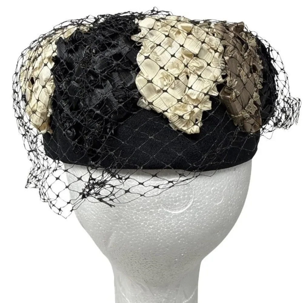 VTG 1950s Pillbox Hat Net Veil Womens Black Cream Taupe Woven Raffia Rockabilly - Picture 6 of 11